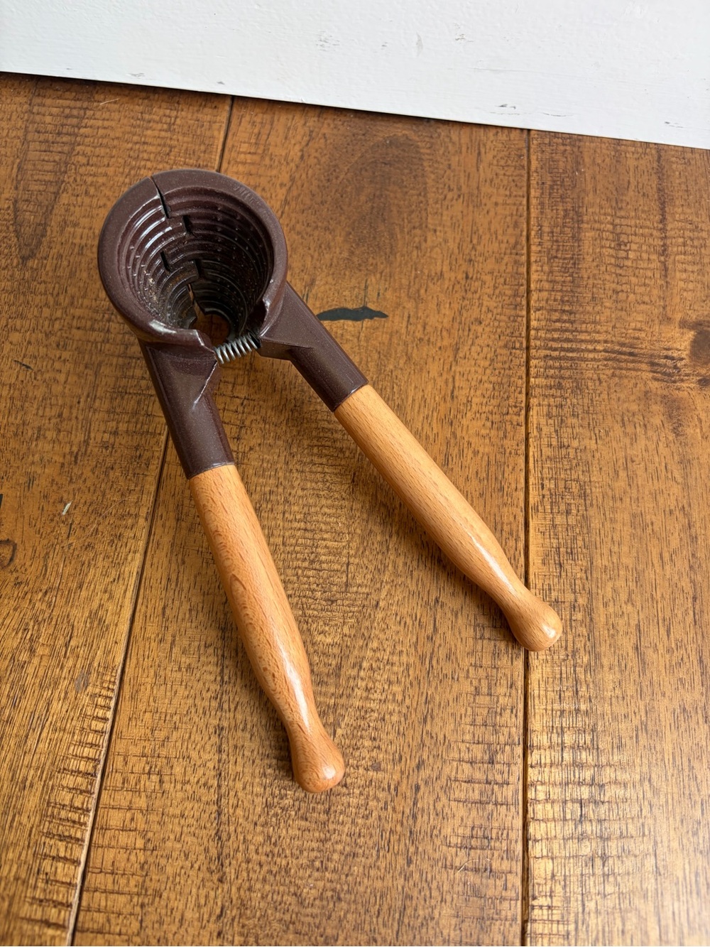 Heavy Duty Nut Cracker Vintage Brown Metal Spring Wood Handles